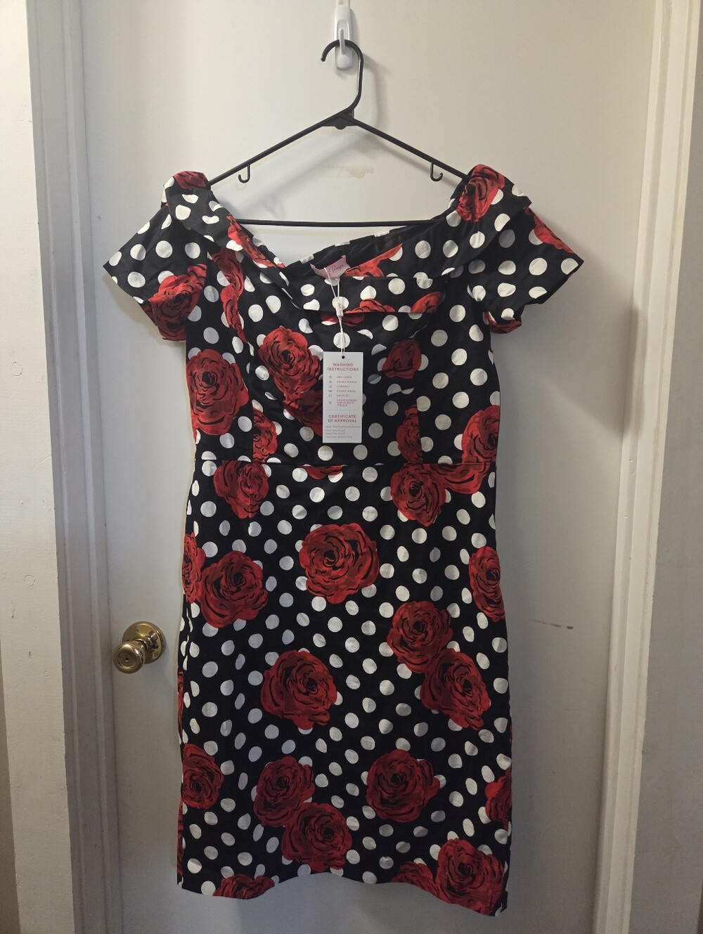 Black Polka Dot & Red Rose Off-Shoulder Dress